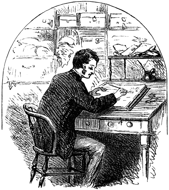 An illustration of a man sitting at a desk and writing in a journal.