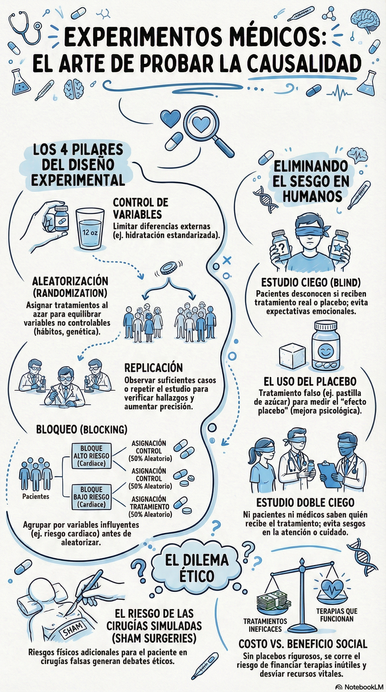 Infografía con los puntos clave de los experimentos aleatorizados y los cuatro principios del diseño experimental.